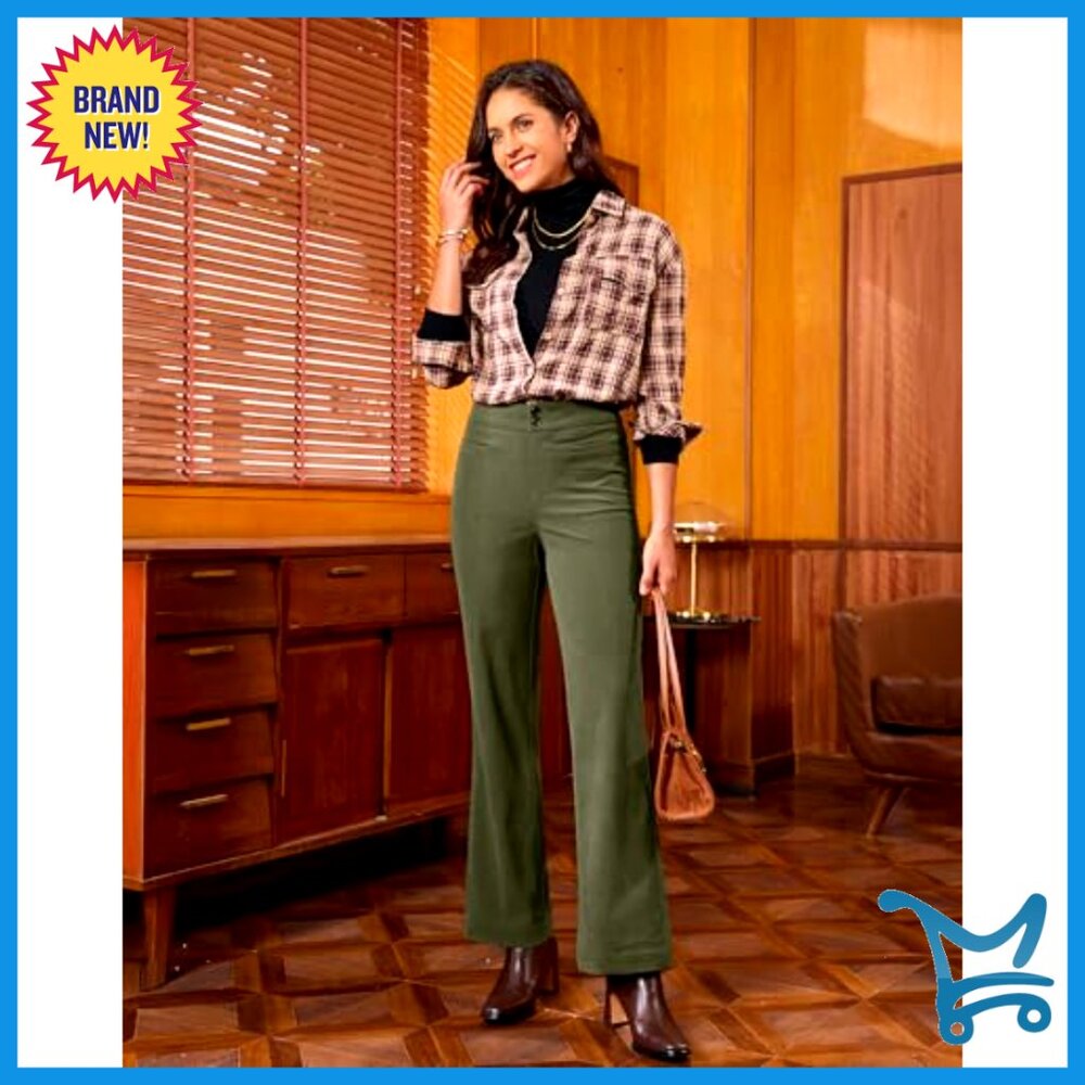 Corduroy Wide Leg Pants High Waisted Elastic Waist Work Casual Trousers - Picture 6 of 7